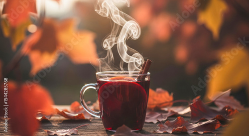 A steaming mug of mulled wine, garnished with a cinnamon stick and orange slice, sits amidst colorful autumn leaves, evoking cozy fall vibes.