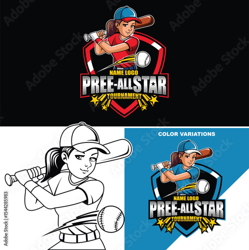 Girl softball tournament logo design. Softball mascot logo. Baseball Logo Event Vector Stock Illustrations