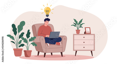 Person with laptop under bulb seated in chair next to table with plant and picture frame