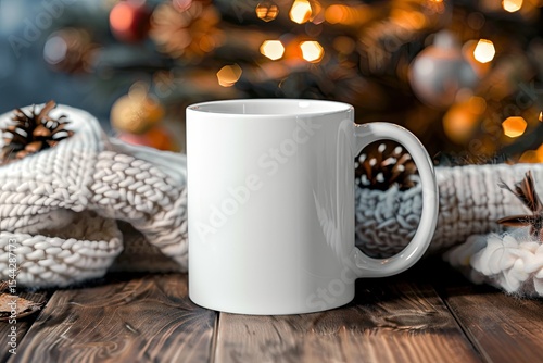flawless picture of White mug on Christmas background, branding and souvenir mockup.
