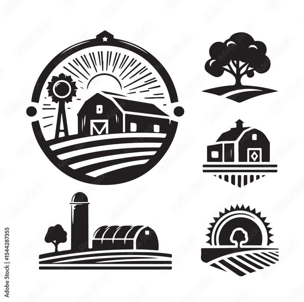 Fototapeta premium Farm logos badges Set of black and white silhouettes vector graphics