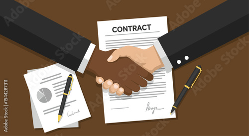 Handshake over a Contract document on a brown surface accompanied by papers pens and suit sleeves