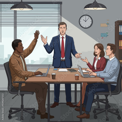 Group meets in office man leads people use laptops at a conference table