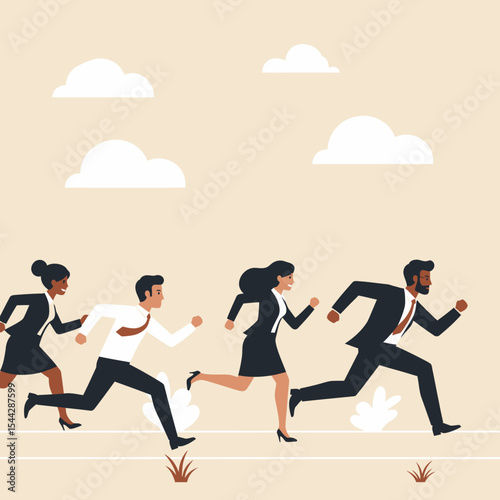 Four businesspeople run clad in attire set against a bright sky dotted with clouds
