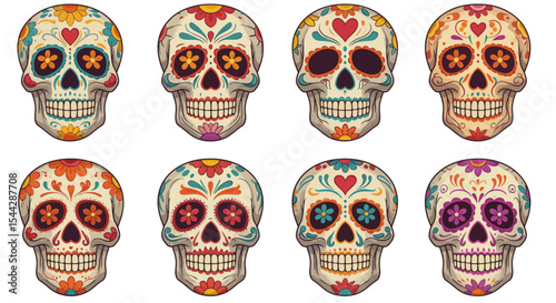 Eight decorated sugar skulls each unique in two rows on a white background