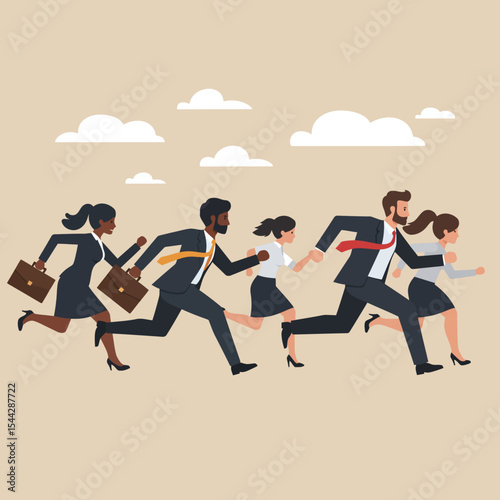 Diverse businesspeople energetically run with clouds floating above them