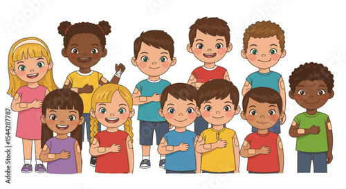Children stand with bandages on their arms hands over their hearts