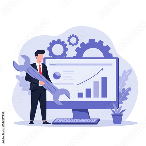 Cartoon man holding a wrench stands by a computer displaying graphs  gears