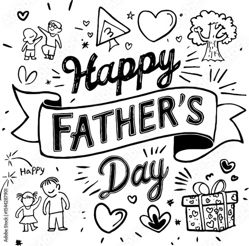 Celebrate Father's Day with this adorable black and white hand-drawn illustration featuring playful doodles of children, hearts, a gift box, a tree, and the cheerful message "Happy Father's Day".