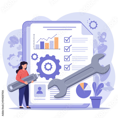A woman holds a pen near a chart wrench gears checklist and pie chart on a document
