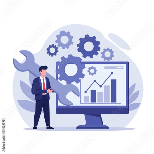 A man holds a wrench in front of a computer screen with graph icons and gears