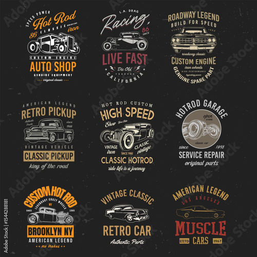 Vintage T-shirt Design Vector Bundle. American Custom hot rod Cars t-shirt graphics. old school retro classic car tee-shirts poster, logo with grunge black background