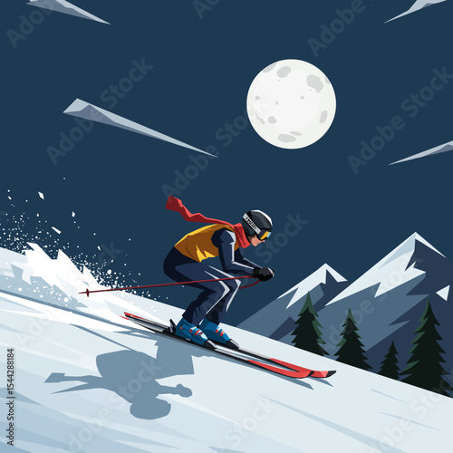 Skier descends a snowcovered slope at night under a bright moon