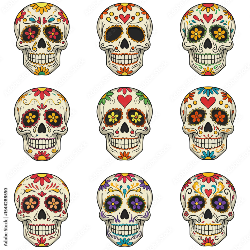 Nine decorated sugar skulls are arranged in a grid pattern