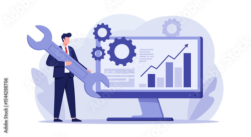 Cartoon man in a suit holds a wrench by a monitor with an upward graph and gears