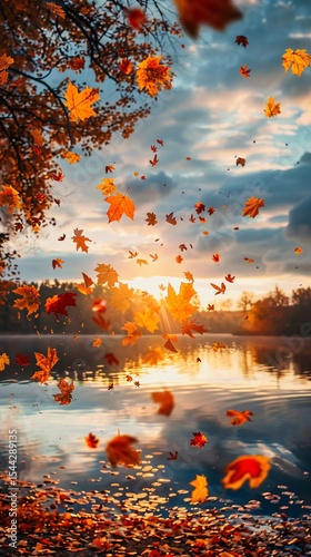 Autumn sunset over a serene lake, with vibrant leaves covering the ground.