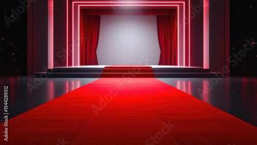 A Majestic Stage Setup Featuring Red Curtains and a Red Carpet