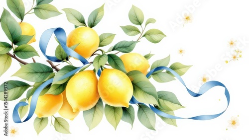 Lemon branch with leaves and ribbon on a white background art