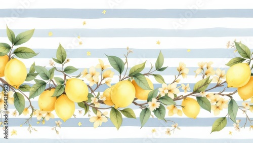 Fresh Summer Lemons and Blossoms on a Striped Blue Background