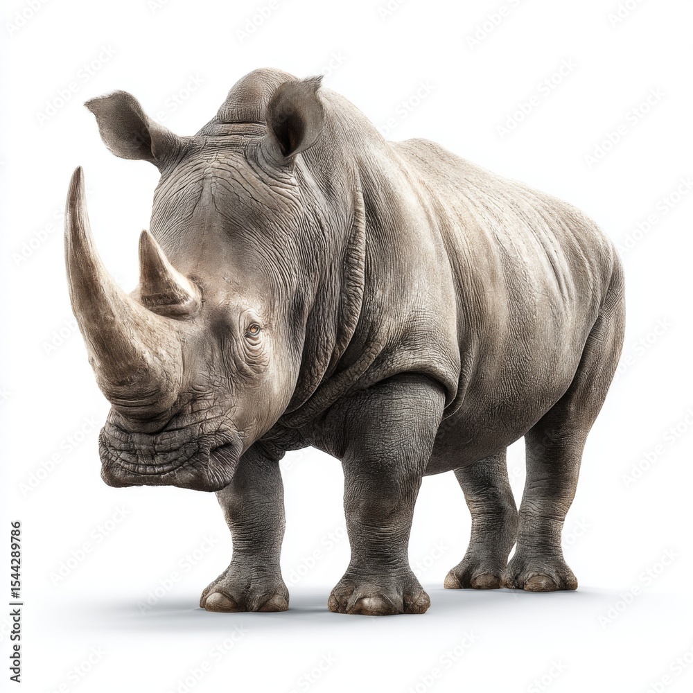 Fototapeta premium Majestic Rhinoceros Stands Proudly in a Bright Studio Environment with Detailed Textures and Natural Reflection