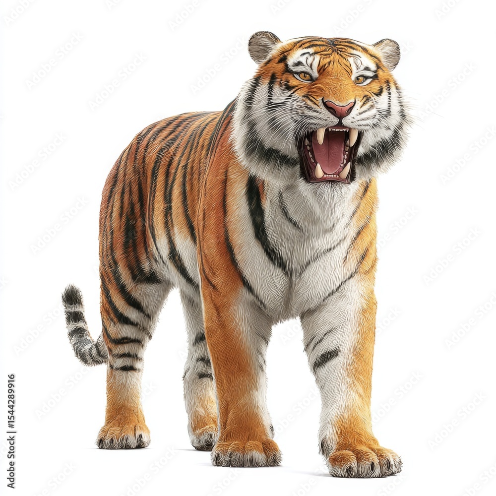Fototapeta premium Fierce Tiger Displaying Strength and Power in Striking Prowess Against a White Background for Wildlife Imagery