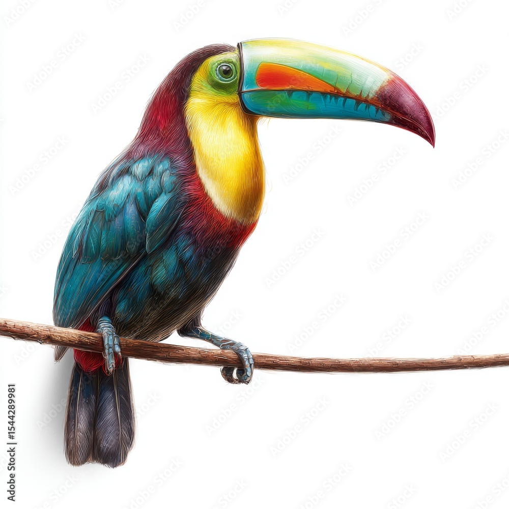 Obraz premium Colorful toucan perched on branch with vivid plumage showcasing bright beak, tropical wildlife in natural setting, vibrant feathers