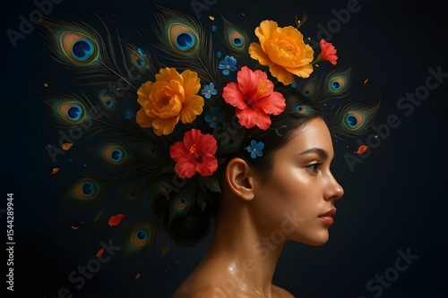  3D Profile of a Woman with Exploding Peacock Feathers and Flowers