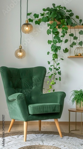 Cozy green chair in a room with plants and warm natural lighting, modern and relaxing vibe.