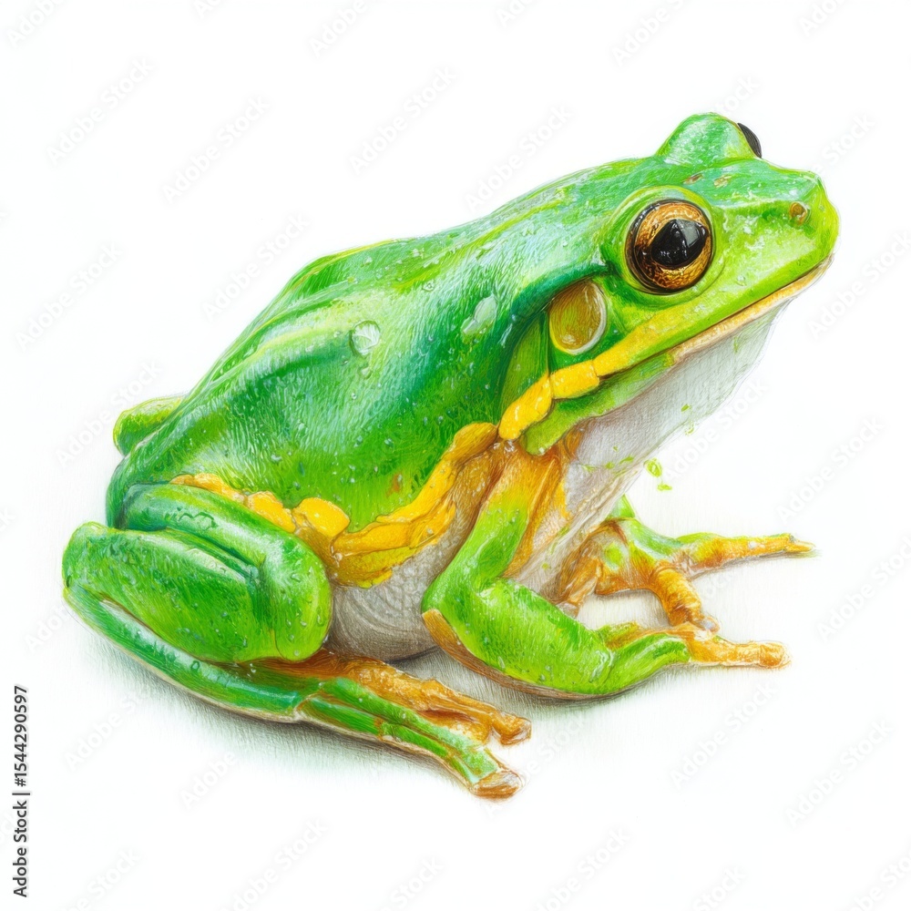 Obraz premium Colorful Green Frog with Bright Yellow Accents Sitting on White Background Exhibiting Intricate Texture and Lifelike Appearance