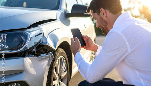 Claim agent photographing a dented bumper with a smartphone, parked car on roadside, clear afternoon light, focus on documentation process