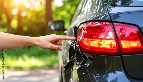 Close-up of a damaged rear bumper with broken tail light, hand pointing at the dent