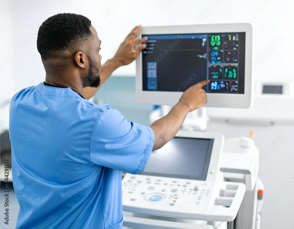 Obraz premium Rear shot of nurse adjusting machine settings before scanning, soft light, high-tech