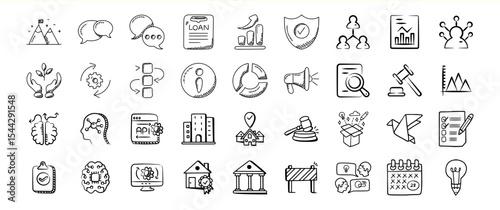 Collection of Hand Drawn Black and White Business Icons