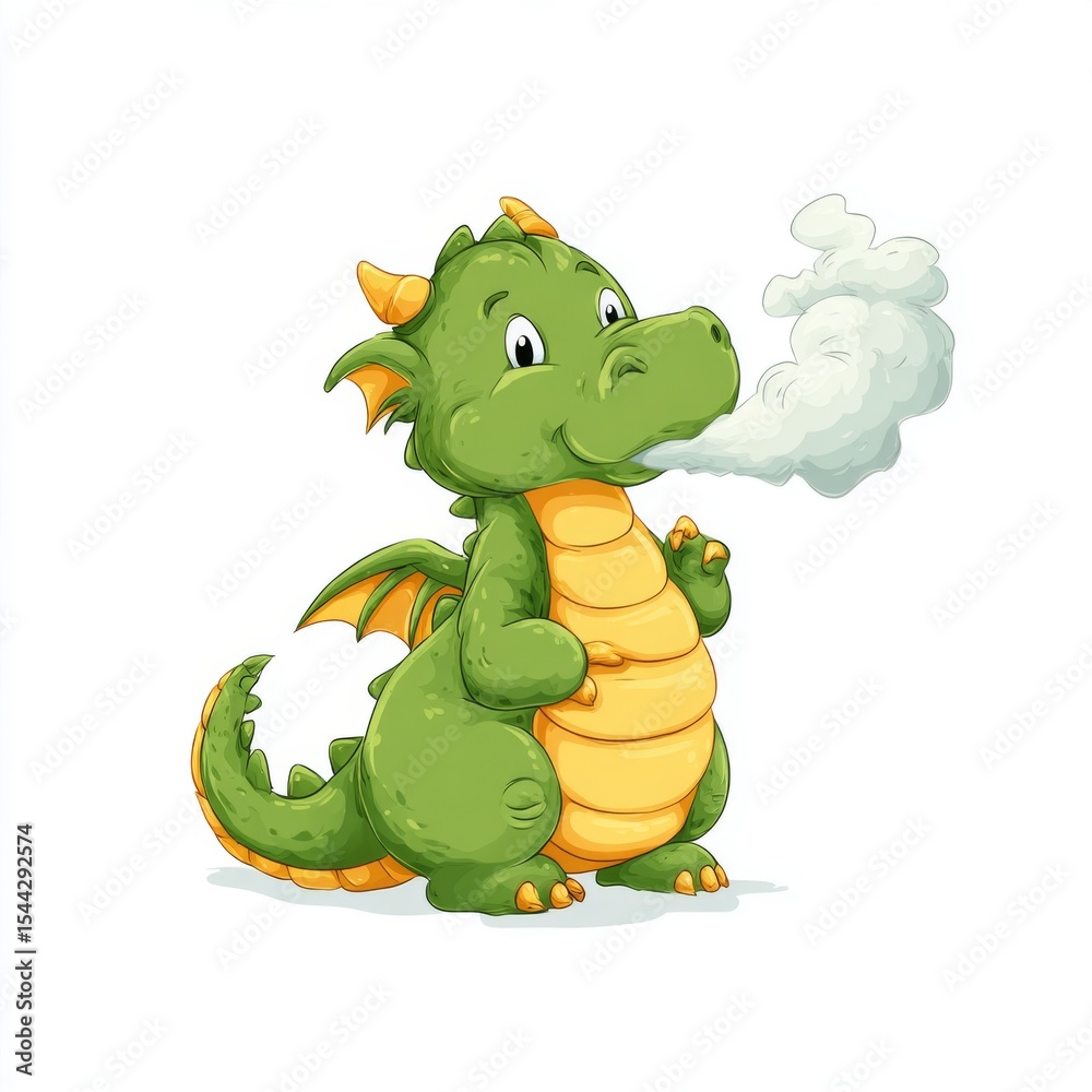 Fototapeta premium Cheerful cartoon dragon character with green scales, orange belly, and smoke coming from its mouth in playful and whimsical style