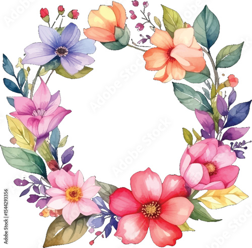 Watercolor floral wreath illustration on white. Hand-painted flower wreath with spring colors. Pastel floral wreath clipart for wedding design. Vintage watercolor flower wreath decoration