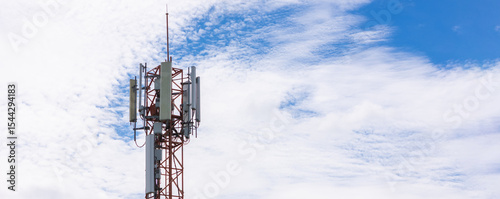 Communication tower top. Radio antenna Tower , microwave antenna tower on light sky background. wireless technology concept. communication