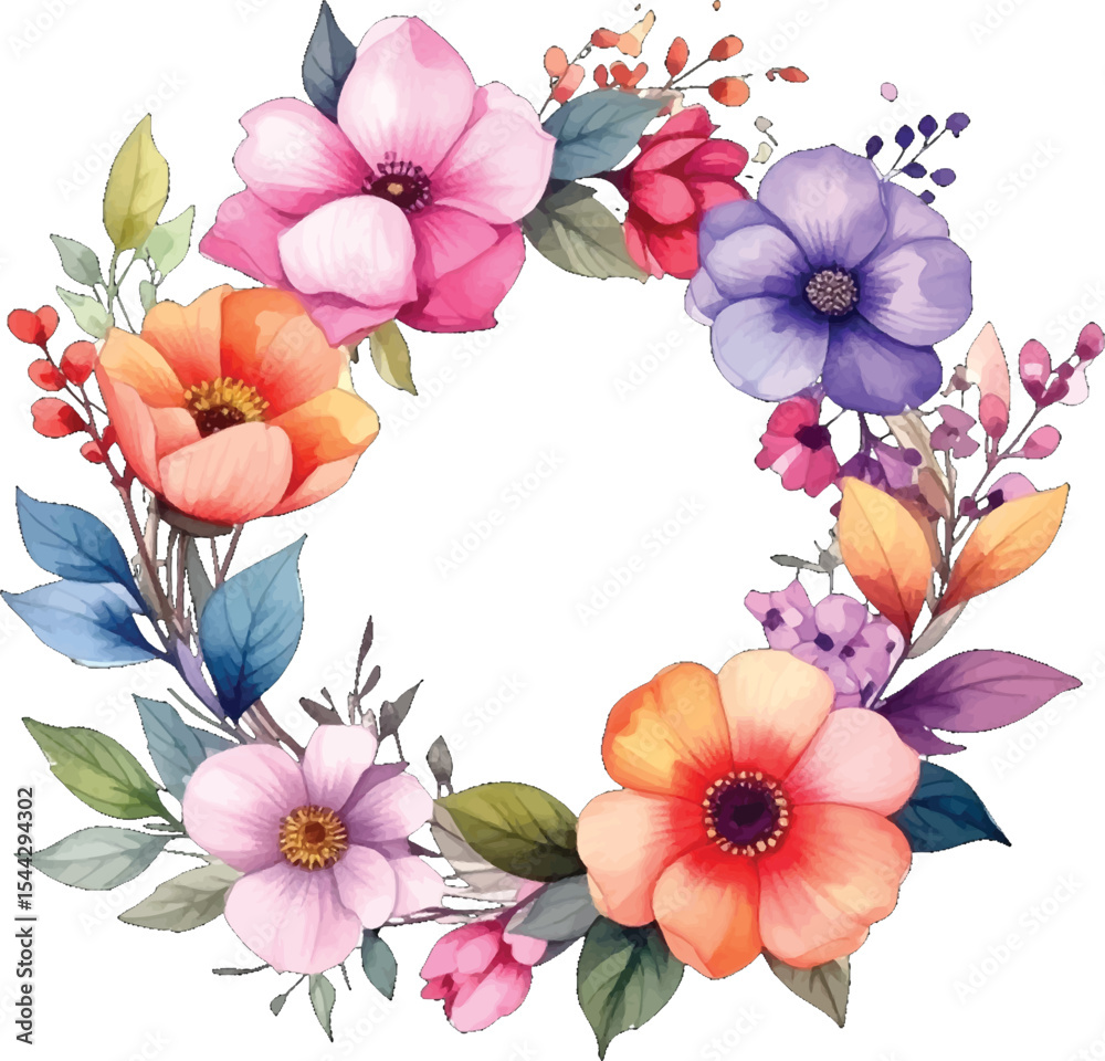 Obraz premium Elegant botanical round wreath illustration. Watercolor flower frame for invitations. Spring watercolor wreath with wildflowers. Floral wreath with vibrant pastel colors
