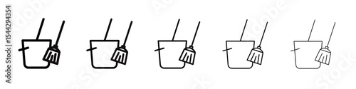 besom with stick and pail icon black and white vector sign