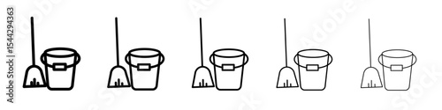 besom with stick and pail icon black and white vector sign