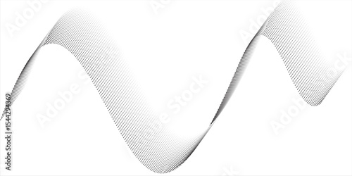 Flowing dots particles wave pattern halftone gradient curve shape isolated on white background.