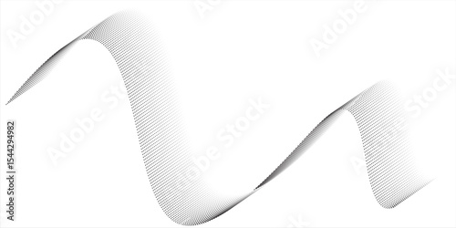Flowing dots particles wave pattern halftone gradient curve shape isolated on white background.