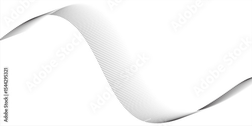 Flowing dots particles wave pattern halftone gradient curve shape isolated on white background.