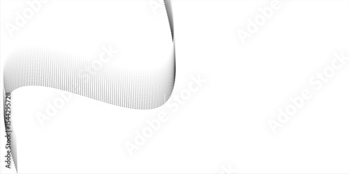 Flowing dots particles wave pattern halftone gradient curve shape isolated on white background.