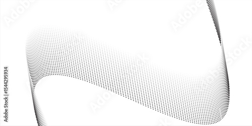 Flowing dots particles wave pattern halftone gradient curve shape isolated on white background.