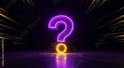 A futuristic 3D symbol: glowing purple question mark with yellow neon base, light energy bursts, and dark themed background representing complex inquiry