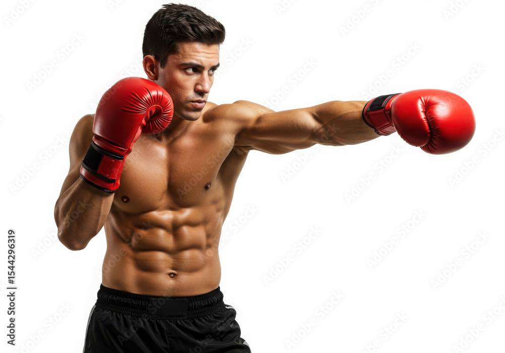 Muscular boxer throwing a punch in red boxing gloves Muscular boxer throwing a punch in red boxing gloves