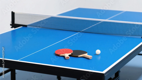 a blue ping - pong table holds red and black paddles and a white ping - pong ball. The net has a white frame with red characters, presenting a simple and realistic sports scene.