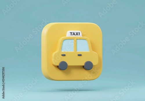 Flat minimalist 3D icon of a taxi with rooftop sign, simplified headlights and windows, bright yellow color, soft drop shadow