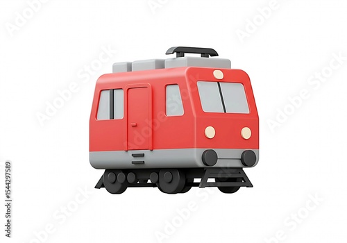 3D flat-style icon of a train engine, geometric shape, red and grey body, minimal rail elements, floating on white