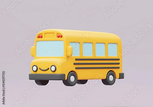3D flat icon of a yellow school bus with minimal windows, rounded corners, cartoonish proportion, clean vector-style colors